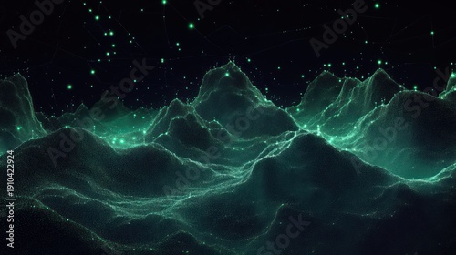 futuristic glowing teal particle mountain range under a starry wireframe sky evoking a mysterious serene digital night landscape