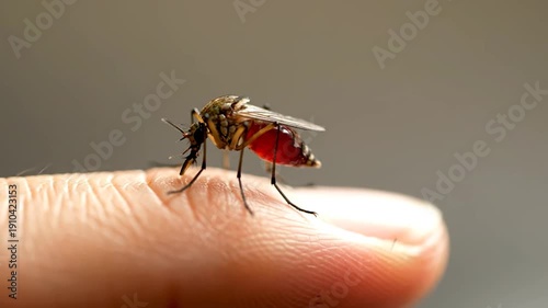 A close-up shot of a mosquito on a human finger, showing details of its anatomy and blood