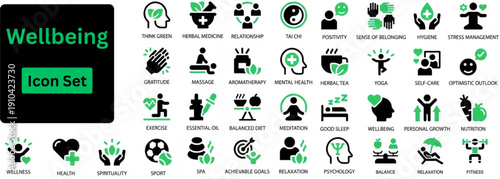 Silhouette vector of Wellbeing icon set. Icons of health for balance, lifestyle and health, mental nutrition, fitness, care, self mindfulness, wellness, massage, sports and more. Solid icons set. 