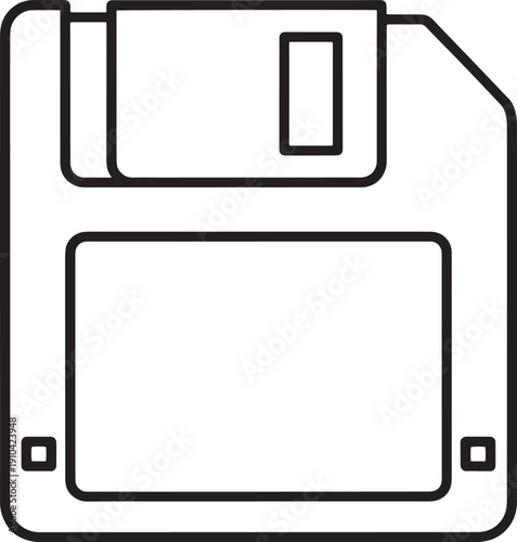 Monoline outline icon of a floppy disk, symbolizing save actions and data storage within digital interfaces.