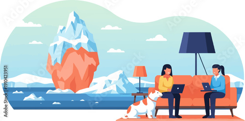Arctic scene with people working indoors on laptops near a dog