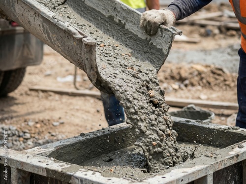 Wallpaper Mural Construction worker in orange safety vest pours wet concrete from a chute into a mold at a construction site with gravel and tools visible in the background Torontodigital.ca