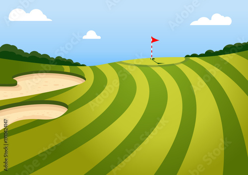 Golf Course Landscape Illustration with Sand Bunker and Flag on Green Fairway