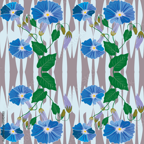 A vibrant floral fabric pattern inspired by blue morning glory flowers with flowing vines. Fresh and lively, perfect for casual wear, kimono-style clothing, bags, curtains, and creative textiles.