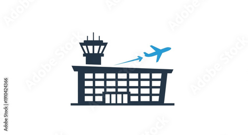 Airport terminal building with control tower and airplane taking off travel and transportation concept