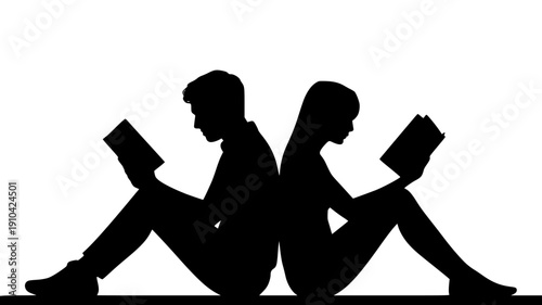 black silhouette of man and woman sitting back to back reading books isolated PNG with Transparent Background