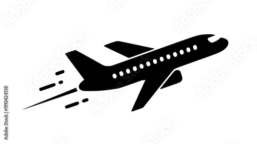 black airplane silhouette with motion lines, flying, for travel or transportation icon isolated PNG with Transparent Background