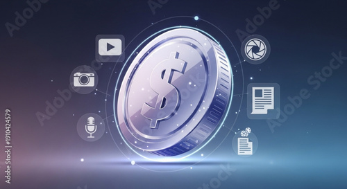 Cryptocurrency coin with digital icons on a futuristic background representing blockchain technology and finance
