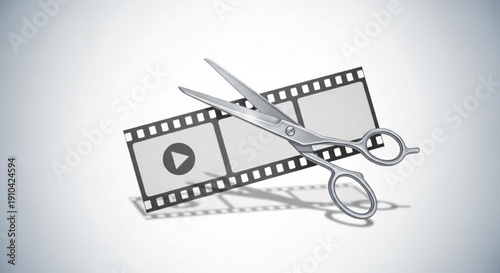 Film strip with play button and scissors for video editing on clean background