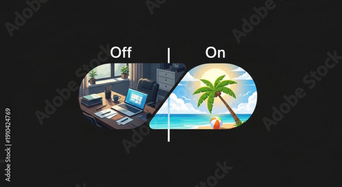 Switch from office work to tropical vacation contrasting workspace and beach scenes with palm tree representing work life balance and relaxation