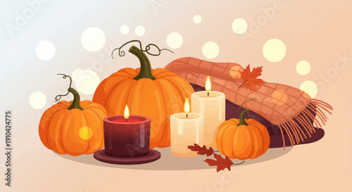 Autumn arrangement of pumpkins, lit candles, and a cozy blanket