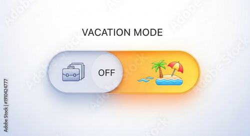 Vacation mode toggle switch button with palm tree and beach icons on white background
