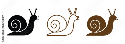 Snail icon. Set of colorful snail silhouettes and line icons featuring gastropods with spiral shells isolated. 