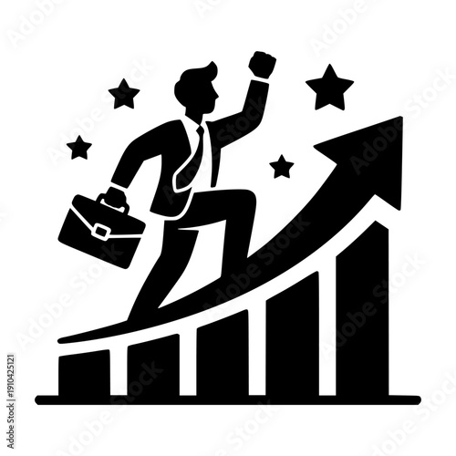 Black vector illustration of businessman climbing up bar chart graph with briefcase, fist raised in success, stars around, for business or finance concepts isolated PNG with Transparent Background
