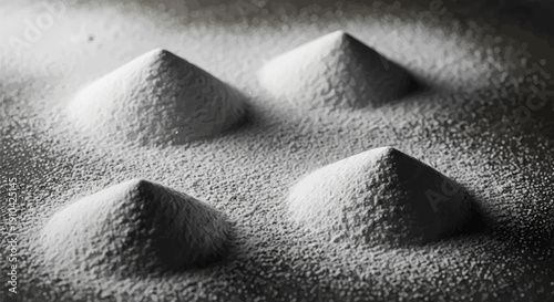 Abstract close-up of four conical mounds of granular material under dramatic lighting