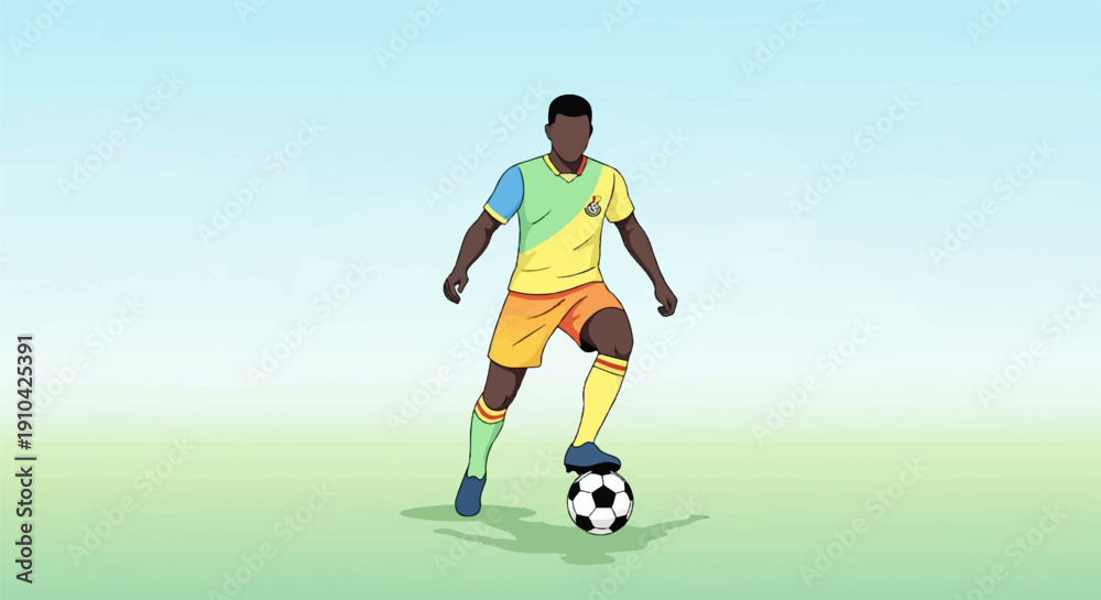 Obraz premium Athletic player with a soccer ball on a field under a sky