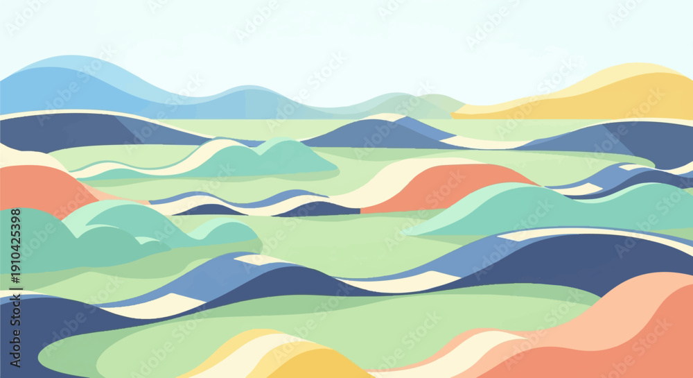 Obraz premium Abstract rolling hills rendered in soft pastel geometric shapes against a pale sky