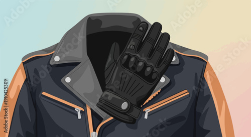 Black leather jacket with orange accents and a black glove placed on top