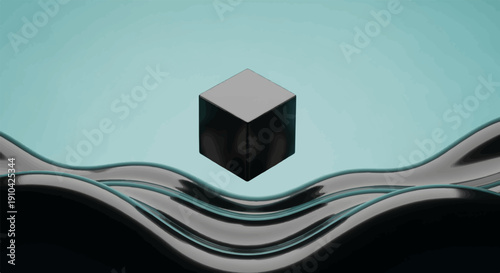 Abstract cube floating above dark, wavy, metallic surface, light blue background
