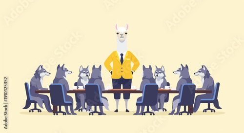 Anthropomorphic animals in a business meeting, discussing ideas at a table
