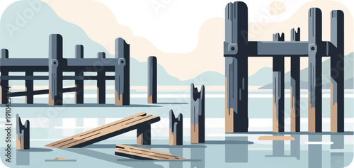 Abstract depiction of a dilapidated wooden pier by the water