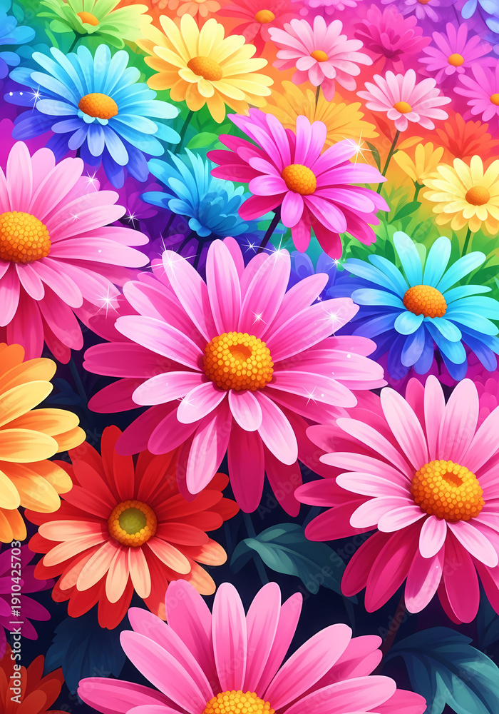 Fototapeta premium Colorful blooming flowers in vibrant hues of pink, blue, and yellow 