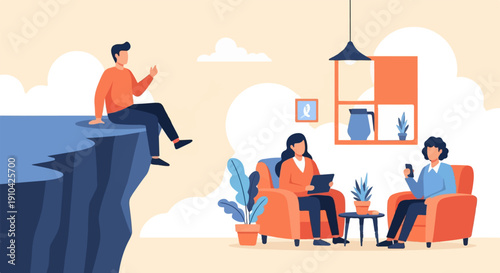 Abstract flat illustration of people in distinct settings, separated by space