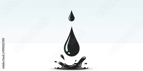 Black oil drops splash on a white surface, isolated on a light blue gradient background