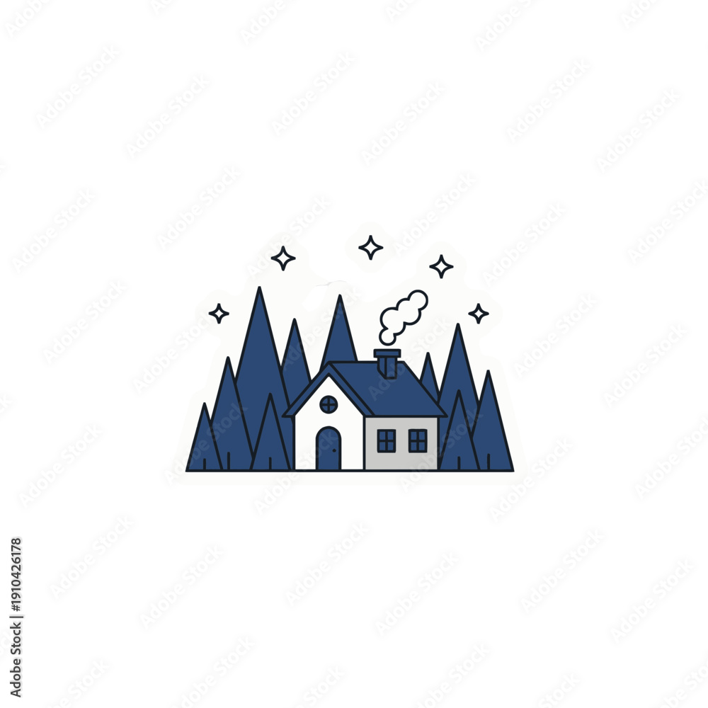 Fototapeta premium Cozy House Surrounded by Trees and Stars Sticker | Cute Mindful Home Illustration | Adorable Nighttime Forest House Kawaii Sticker Art | Peaceful Cozy Cabin with Stars Sticker Design | Whimsical 