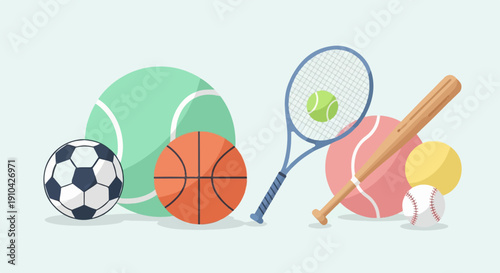 Assortment of sports equipment including balls, a bat, and a tennis racket