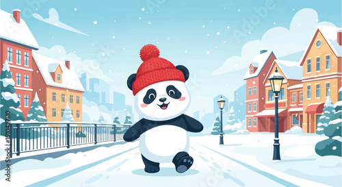 Adorable panda in red hat walks down snowy street lined with charming buildings