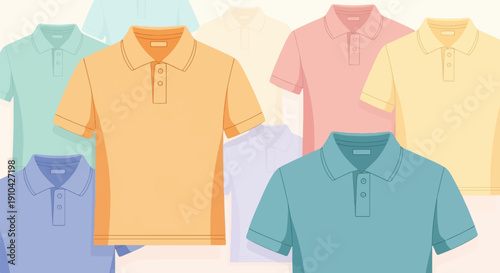Assortment of pastel colored polo shirts layered on a light background