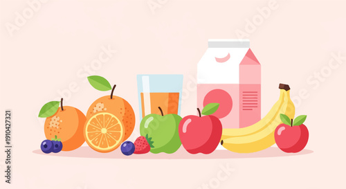 Assortment of fresh fruits and beverages on a light pink background