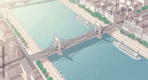 Aerial view of a suspension bridge crossing a river with boats and cityscape