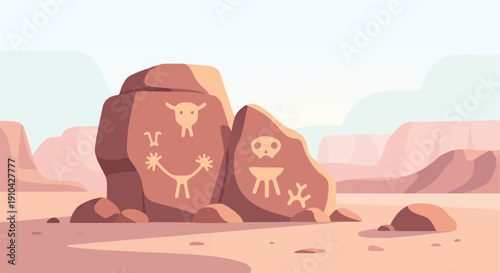Ancient petroglyphs adorn desert rocks against a soft, pastel canyon backdrop