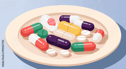 Assortment of colorful capsules and tablets on a light plate, flat design