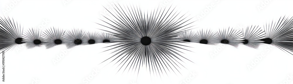Obraz premium row of black radial spiky bursts on white background with a large central starburst evoking rhythm and tension