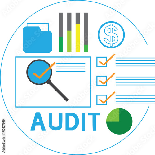 Graphic illustration illustrating the auditing of financial data and accounting systems of an organization.