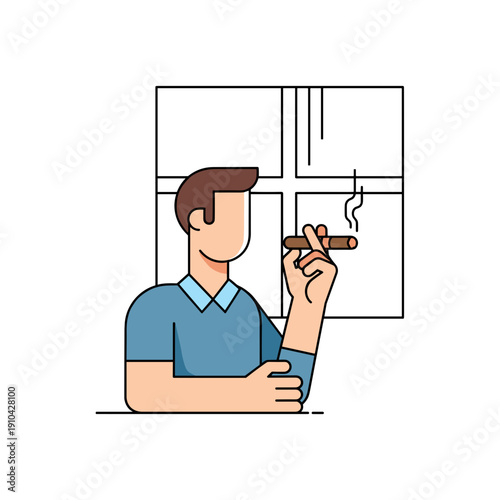 Man sitting by window smoking a cigar and thinking thoughtfully  