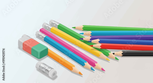 Assorted colored pencils and erasers arranged on a clean, minimalist surface