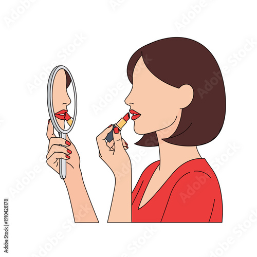Young woman applying red lipstick while looking in handheld mirror  
