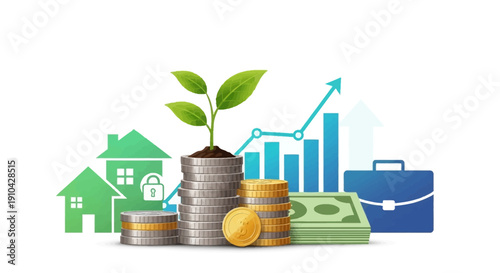 Financial growth concept with money, houses, and a growing plant on coins, symbolizing investment and wealth.