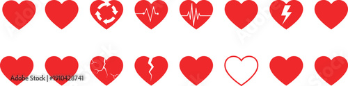 Comprehensive Set of Red Heart Icons Featuring Broken Heart Heartbeat Flash Lightning Bolt and Cycle Symbols for Healthcare Romance Valentine’s Day and Medical Application UI