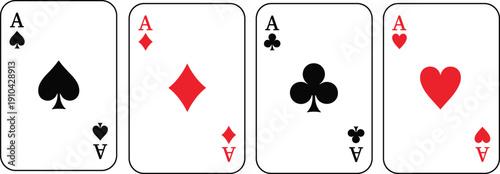 Four Aces Playing Cards Set Featuring Spades Diamonds Clubs and Hearts Suits for Casino Gambling Poker Games Magic Tricks and Vegas Night Graphic Design Elements