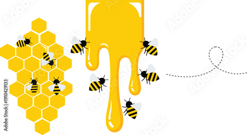 Honey bees working on golden honeycomb with dripping organic honey nectar representing natural sweetness beekeeping apiary production healthy organic food and pollination environmental ecosystem