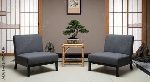 Serene Japanese room with shoji screens, bonsai tree, and minimalist chairs
