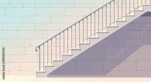 An outdoor stone staircase with a metal railing against a gradient wall