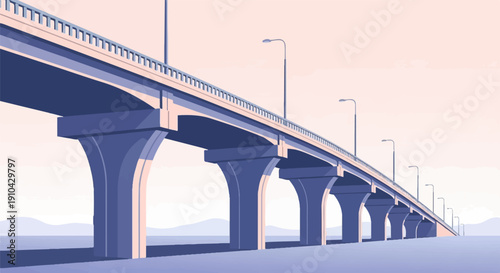 An elevated highway with multiple pillars stretches across a pale, hazy sky