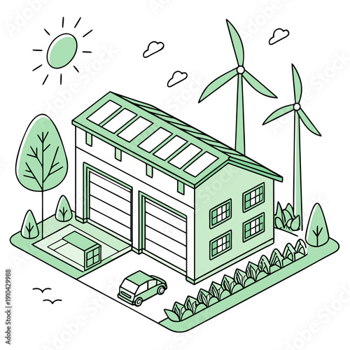 Eco-friendly green smart warehouse utilizing renewable energy, modern flat illustration for technology and logistics.
