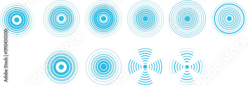 Set of Blue Sonar Wave Icons with Concentric Circle Ripple Effects and Radio Signal Radar Symbols for Communication Navigation Network Connectivity and Audio Vibration